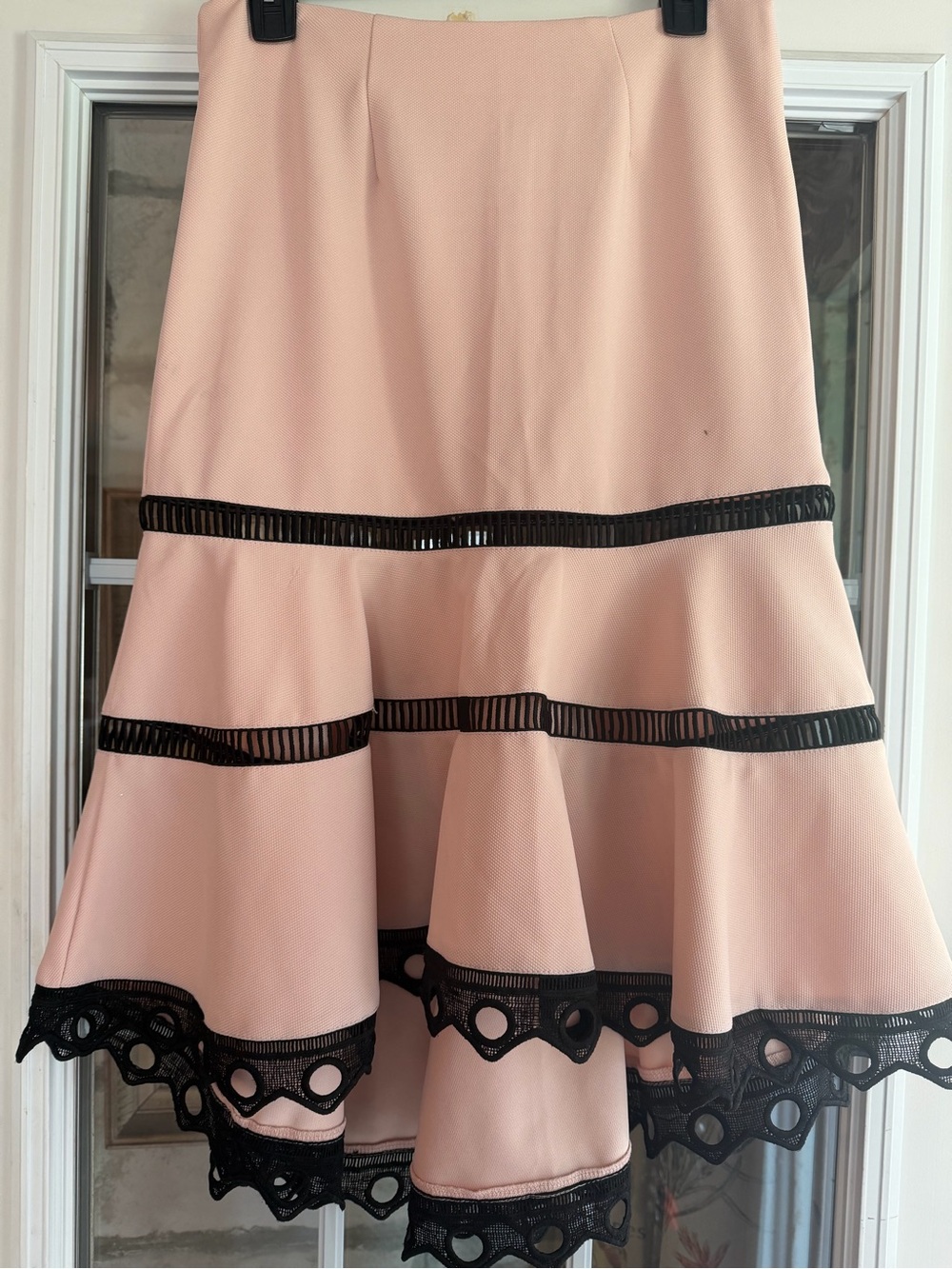 VENUS Blush Pink Tiered Skirt with Black Lace Trim